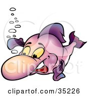 Poster, Art Print Of Friendly Purple Fish With Bubbles Waving With A Fin