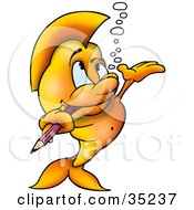 Clipart Illustration Of A Goldfish Nibbling On The Tip Of A Pencil And Holding Up A Hand As If Presenting Something by dero