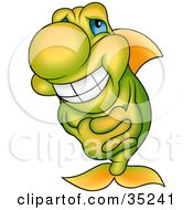Poster, Art Print Of Gradient Yellow And Green Fish With Blue Eyes Grinning And Clasping His Hands
