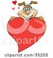 Poster, Art Print Of Loving Brown Dog Grinning And Holding Up A Giant Red Shiny Heart With Other Hearts Behind Him