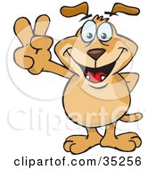 Poster, Art Print Of Peaceful Brown Dog Smiling And Gesturing The Peace Sign With His Hands