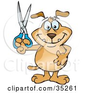 Poster, Art Print Of Smiling Brown Dog Holding Up A Pair Of Scissors Doing Arts And Crafts Slashing Prices Or Cutting Coupons