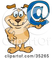 Clipart Illustration Of A Happy Brown Dog Holding Up A Blue Arobase Email Sign by Dennis Holmes Designs