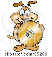 Poster, Art Print Of Friendly Brown Dog Holding Up And Standing Behind A Blank Golden Cd Or Dvd Without A Label Ready For You To Insert Text