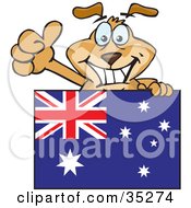 Friendly Brown Dog Grinning And Waving While Standing Behind An Australian Flag