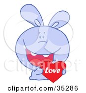 Poster, Art Print Of Caring Purple Rabbit Laughing And Holding A Red Heart Love Valentine