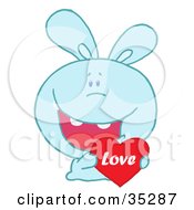 Poster, Art Print Of Caring Blue Rabbit Laughing And Holding A Red Heart Love Valentine