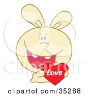 Poster, Art Print Of Caring Yellow Rabbit Laughing And Holding A Red Heart Love Valentine