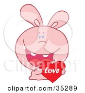 Poster, Art Print Of Caring Pink Rabbit Laughing And Holding A Red Heart Love Valentine