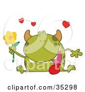 Poster, Art Print Of Loving Green Monster Sitting With His Tongue Hanging Out Holding A Yellow Flower Under Hearts