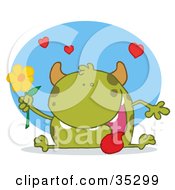 Poster, Art Print Of Sweet Green Monster Sitting With His Tongue Hanging Out Holding A Yellow Flower Under Hearts
