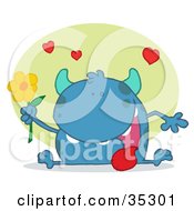 Poster, Art Print Of Sweet Blue Monster Sitting With His Tongue Hanging Out Holding A Yellow Flower Under Hearts