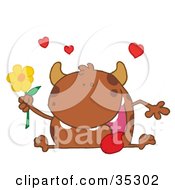Poster, Art Print Of Loving Brown Monster Sitting With His Tongue Hanging Out Holding A Yellow Flower Under Hearts
