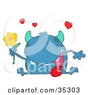 Poster, Art Print Of Loving Blue Monster Sitting With His Tongue Hanging Out Holding A Yellow Flower Under Hearts