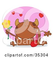 Poster, Art Print Of Sweet Brown Monster Sitting With His Tongue Hanging Out Holding A Yellow Flower Under Hearts