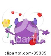 Poster, Art Print Of Loving Purple Monster Sitting With His Tongue Hanging Out Holding A Yellow Flower Under Hearts