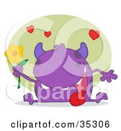 Poster, Art Print Of Sweet Purple Monster Sitting With His Tongue Hanging Out Holding A Yellow Flower Under Hearts
