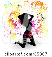 Poster, Art Print Of Sexy Black Silhouetted Woman Kneeling In A Skirt And Heels Touching Her Hair On A White Background With Shadows And Colorful Splatters