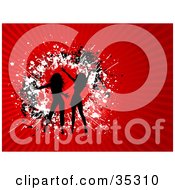 Clipart Illustration Of Two Black Silhouetted Ladies Dancing Over A Circle Of Black And White Grunge On A Bursting Red Background