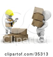 Poster, Art Print Of 3d White Character Carrying Boxes While Being Watched By A Supervisor