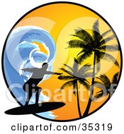 Poster, Art Print Of Black Silhouetted Surfer Riding A Large Blue Wave Over A Circle With An Orange Sunset And Silhouetted Palm Trees