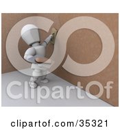 Poster, Art Print Of 3d White Character Applying Plaster To A Brown Wall