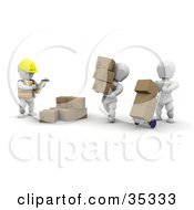 Clipart Illustration Of 3d White Characters Moving Boxes To One Section While Their Supervisor Watches by KJ Pargeter