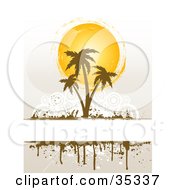 Poster, Art Print Of Brown Palm Tress In Front Of The Summer Sun Growing On A White Text Box Over A Faint Background With White Circles