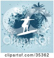 Clipart Illustration Of A White Silhouetted Surfer Over A Grungy Blue Splattered Bursting Background With Palm Trees by KJ Pargeter