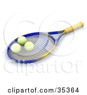 Poster, Art Print Of Three Tennis Balls Resting On A Tennis Racket