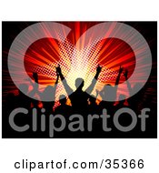 Clipart Illustration Of A Silhouetted Black Audience Gesturing And Dancing In A Crowd At A Concert With A Bursting Red Star Background