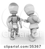 Poster, Art Print Of 3d White Character Reaching Out To Curiously Touch A Metal Character
