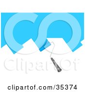 Clipart Illustration Of A Rolling Paintbrush Applying Blue Paint To A White Wall by KJ Pargeter