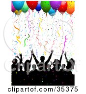 Poster, Art Print Of Black Silhouetted Crowd Having Fun Under Confetti And Party Balloons