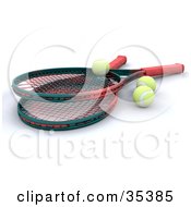 Poster, Art Print Of Two Green And Red Tennis Rackets And Three Balls