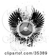 Music Speaker With Grungy Black Wings Over A White Background With Gray Splatters