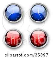 Clipart Illustration Of A Set Of Four Blue And Red Wall Clocks