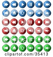 Set Of Blue Red And Green Media Icon Buttons