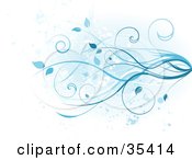 Clipart Illustration Of A Blue Floral Grunge Background With Abstract Splatters Shading And Vines With Curly Tendrils