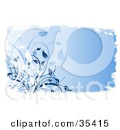 Clipart Illustration Of A White Grunge Border Around A Blue Floral Grunge Background With White And Blue Plants