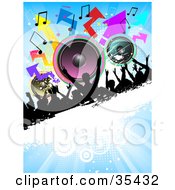 Poster, Art Print Of Partying Silhouetted Crowd On A Black And White Grunge Bar With Colorful Speakers Arrows And Music Notes On A Blue Background