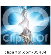 Clipart Illustration Of A Bursting Blue Background Behind A Twisting Chrome Strand Of DNA