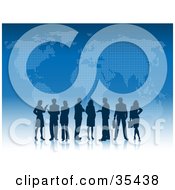 Clipart Illustration Of Silhouetted Professional Business Men And Women Standing On A Reflective White Surface With A Blue Atlas Background