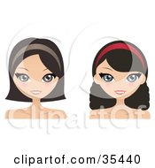 Poster, Art Print Of Two Brunette Caucasian Women One With Curly Hair Wearing Headbands And Smiling