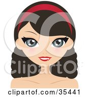 Poster, Art Print Of Pretty Brunette Caucasian Woman With Wavy Hair Wearing A Red Headband And Smiling