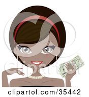 Clipart Illustration Of A Beautiful Wealthy African American Woman In Stunning Jewelery Holding Cash In Her Hand by Melisende Vector