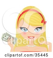 Clipart Illustration Of A Beautiful Wealthy Blond Caucasian Woman In Stunning Jewelery Holding Cash In Her Hand