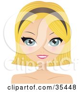 Clipart Illustration Of A Pretty Blue Eyed Blond Caucasian Woman Wearing A Headband And Smiling