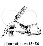 Clipart Illustration Of A Hand Holding A Feather Quill And Signing A Wedding Guest Book