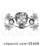 Clipart Illustration Of A Black And White Skull Design Element With Roses And Flower Designs